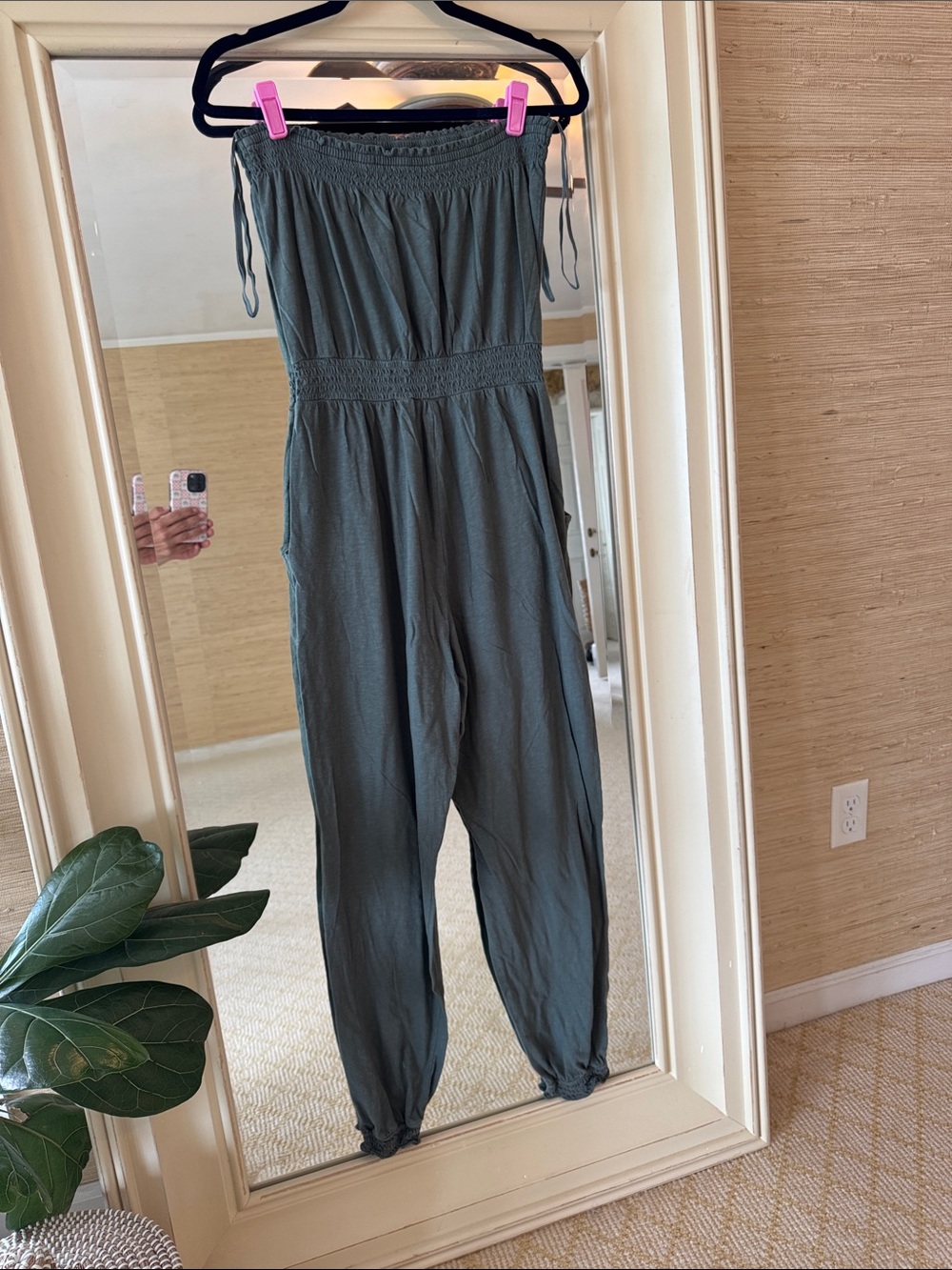 Aerie Women’s Strapless Smocked Waist Jumpsuit in Olive Green